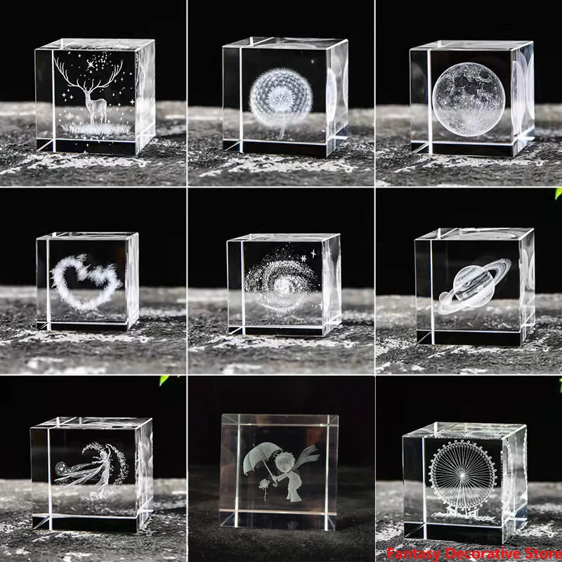 

3D Crystal Cube Figurines Ornaments Cartoon Figure Engraved Glass Craft Moon Star Solar Galaxy System Model Desktop Prism Decor