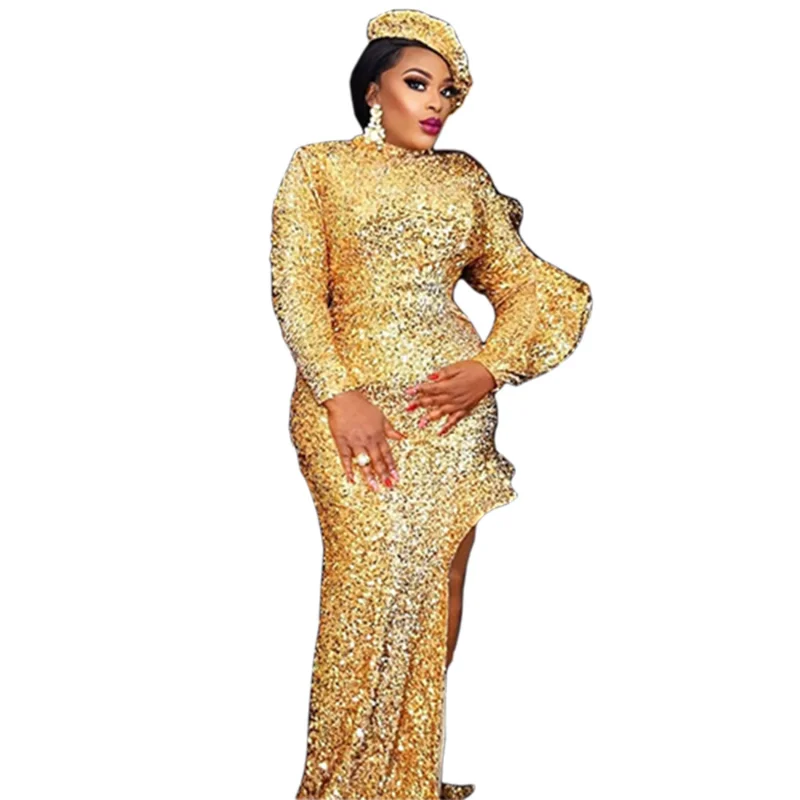 

African Dresses for Women Autumn Winter African Long Sleeve O-neck Gold Sequined Long Dress Maxi Dress Ankara Dresses With Hat
