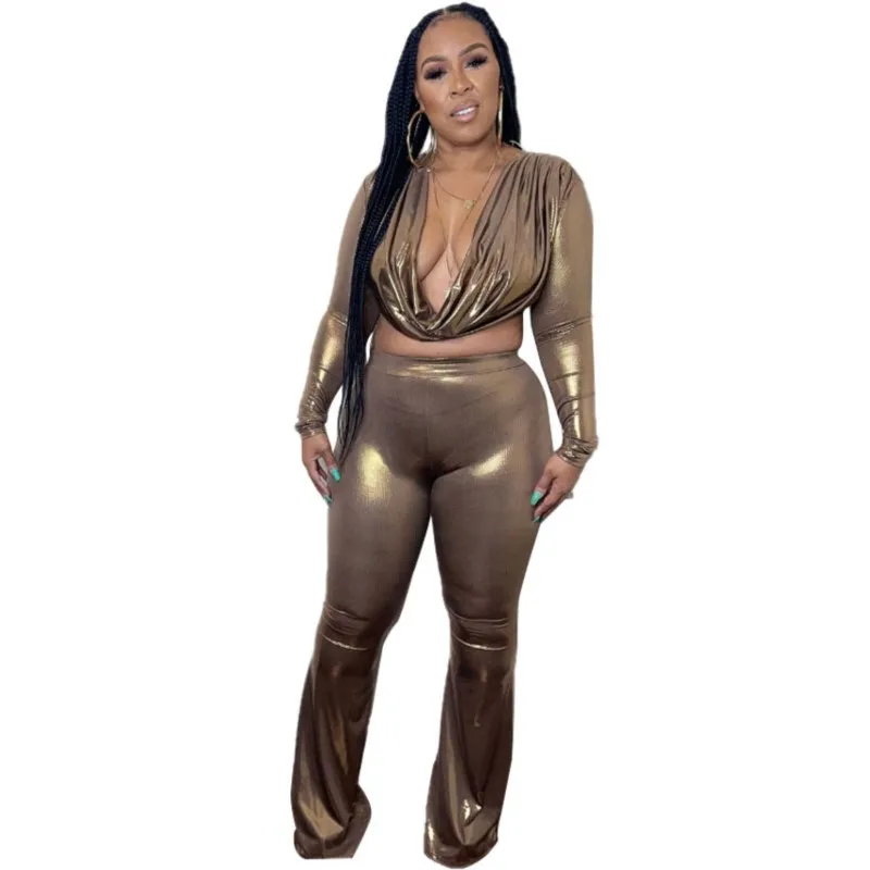 

Sexy Two Piece Set Women's Fashion Hot Stamping Low Neck Long Sleeve Top Elastic Waist Wide Leg Pants Matching Set Club Autumn