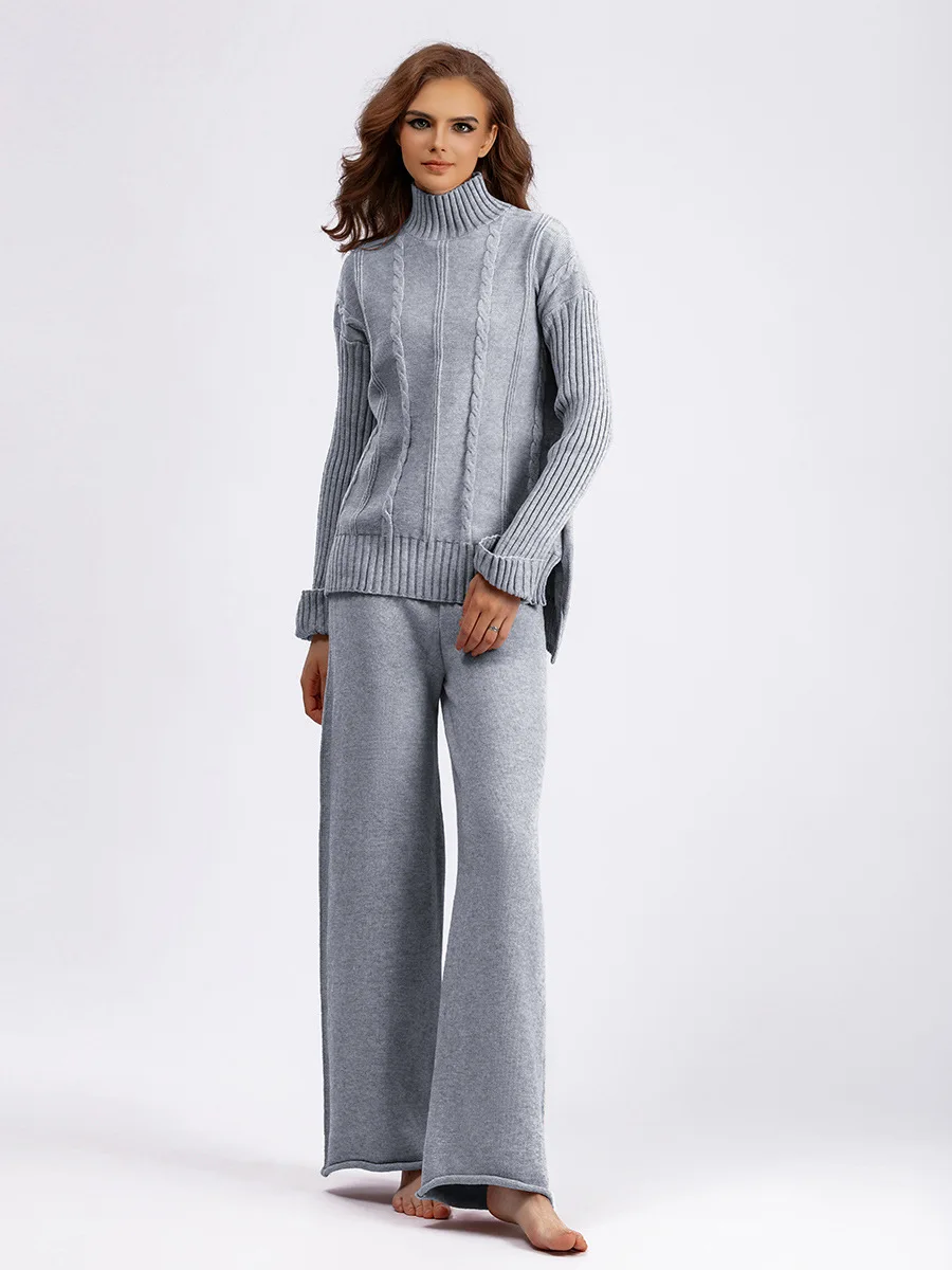 Однотонный плотный пуловер с высоким воротником вязаный комплект из 2 предметов