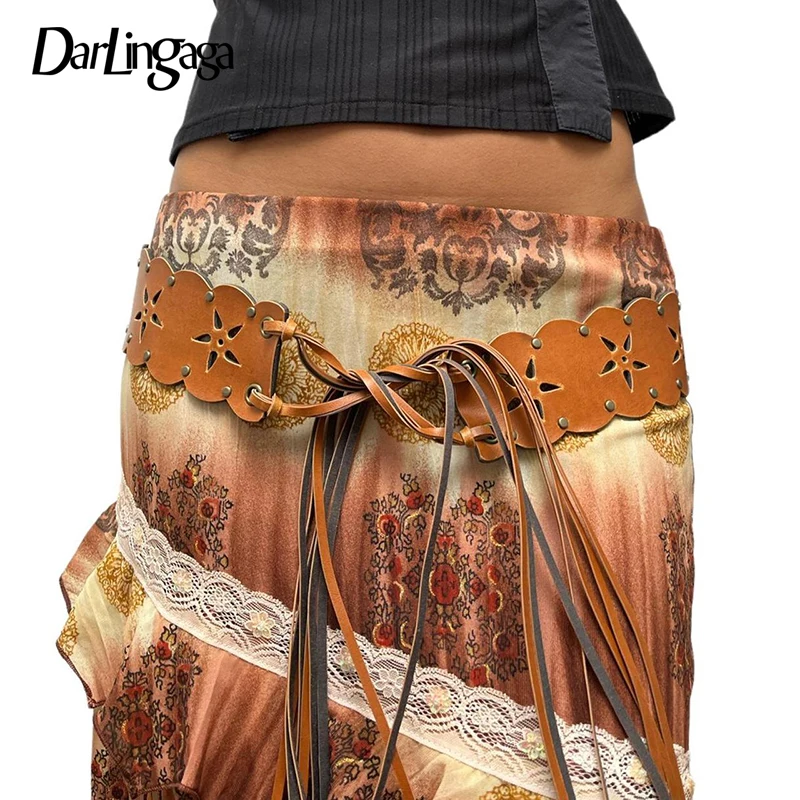 

Darlingaga Fairycore Vintage Y2K Female Belt Tassel Rivet Fashion Accessories Waist Chain Flowers Shape Outfits Wide Belts Chic