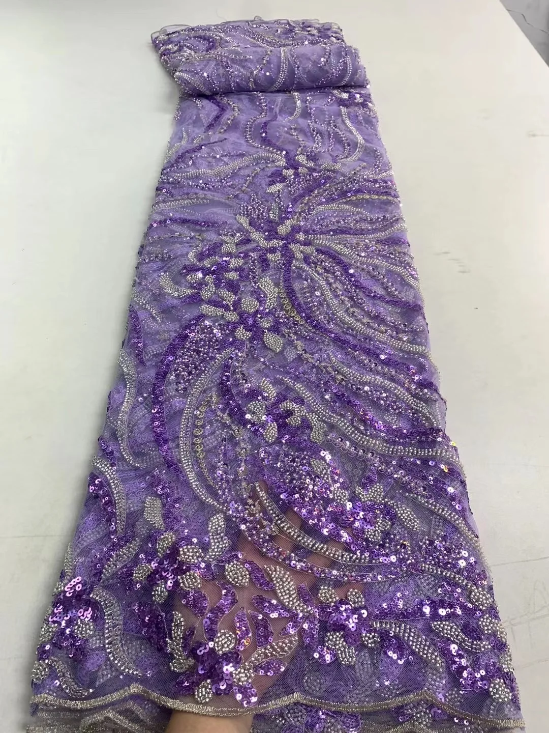 

Purple French Heavy Handmade Sequins 5 Yards Lace Fabric 2023 African Luxury Beaded Tulle Fabric For Women Birthday Dresses Sew