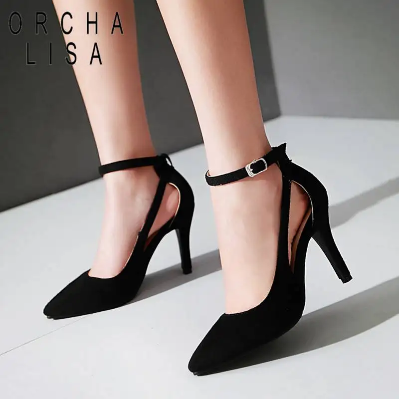 

ORCHA LISA Sexy Pumps for Women Thin High Heels Pointed Toe Flock Buckle Strap Bridal Wedding Party Shoes Big Size 33 41 42 43