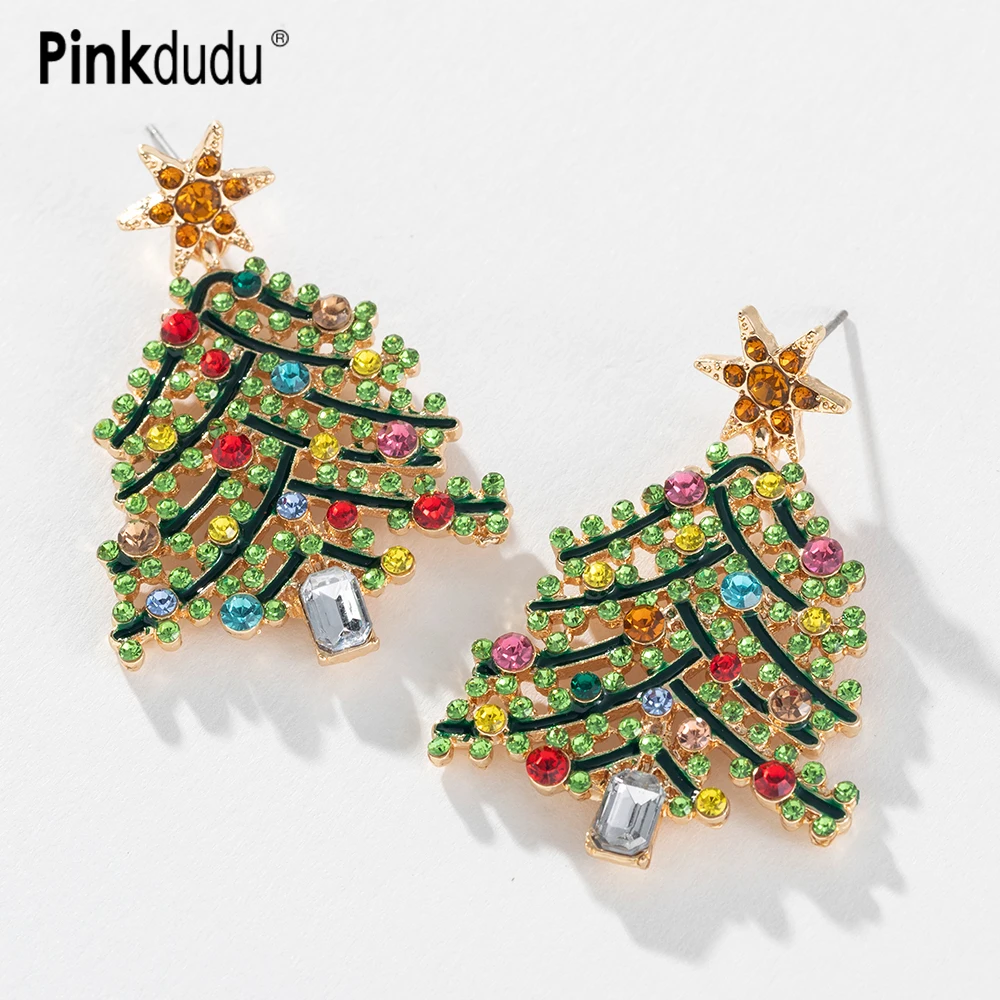 

Pinkdudu Fashion Hollow Alloy Christmas Tree Earrings Christmas Colorful Rhinestone Drop Earrings for women jewelry gifts PD980