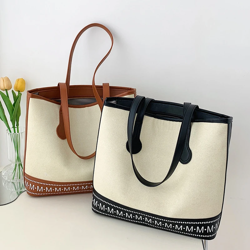

Large Capacity Daily Casual Canvas And Leather Totes Women 2022 New Letter Pint Shoulder Bag Travel Shopper Handbag Female