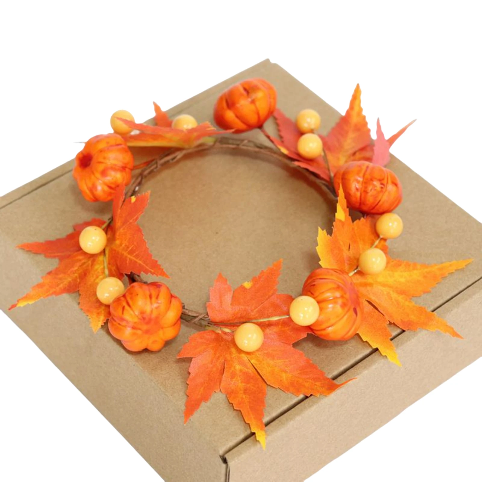 

6PCS Christmas Candle Ring Wreath Autumn Little Pumpkin Berries Fall Leaves Wreath for Wall Fireplace Xmas Party