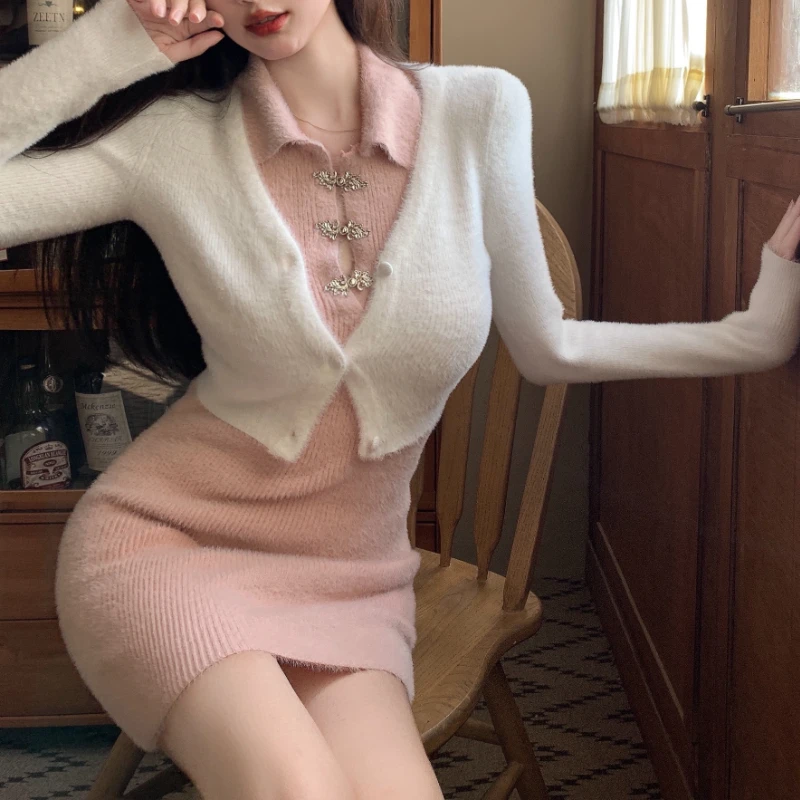 

Женский кашемировый костюм-двойка, белый кашемировый кардиган из норки и розовое платье в Корейском стиле, облегающий костюм в стиле ретро, Y2k, осень 2023