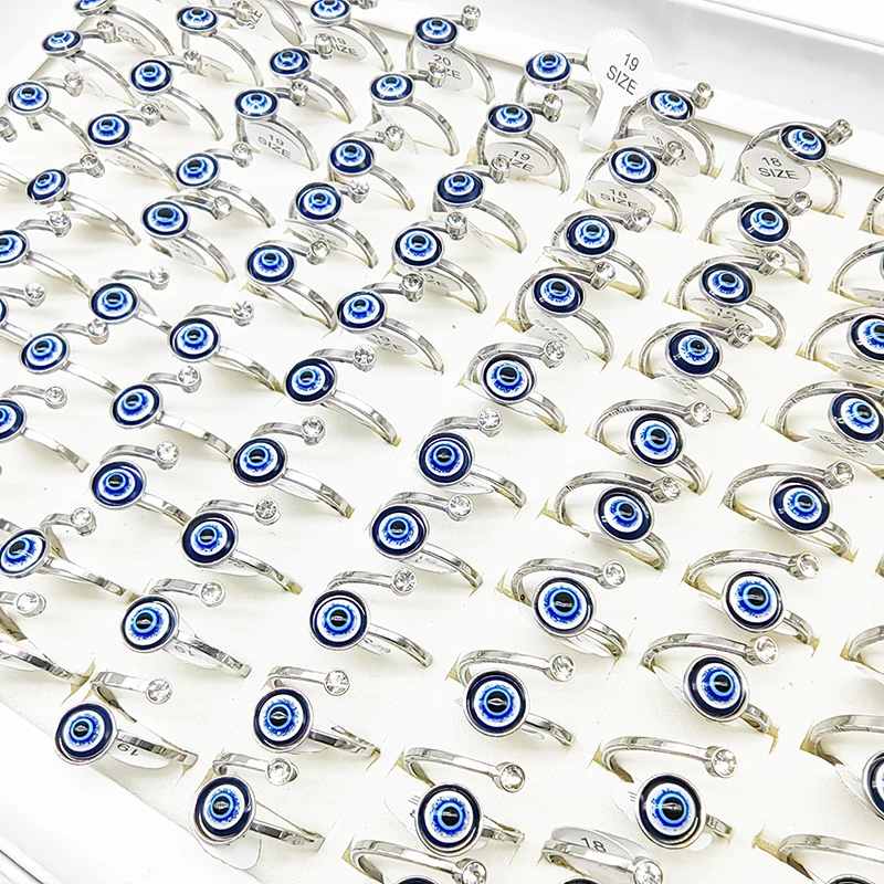 Кольца из нержавеющей стали для мужчин и женщин, готические перстни с дьявольским глазом голубого цвета, открытый дизайн под серебро, Подарочные ювелирные украшения, 20/50 штук в партии