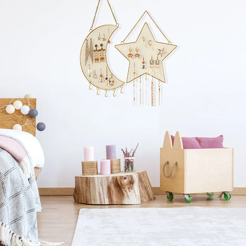 

D2 Moon Star Clound Shaped Metal Grid Wall Shelf Earring Organizer Makeup Jewelry Holder Ear Stud Bracelet Necklace Ring Rack