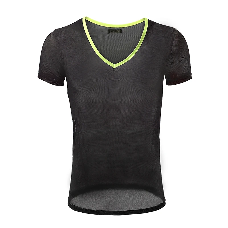 

Men's Undershirt Ultra-thin Mesh Transparent Tops Summer Breathable V-neck Short Sleeve Gay Sexy See Inner Fitness Shirts