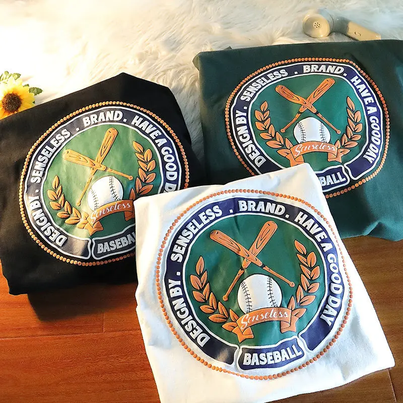 

2022 Dark Green Retro Baseball Badge T Shirts 100% Pure Cotton Comfort Summer Basic Men Women Hip Hop Streetwear Oversized Tops