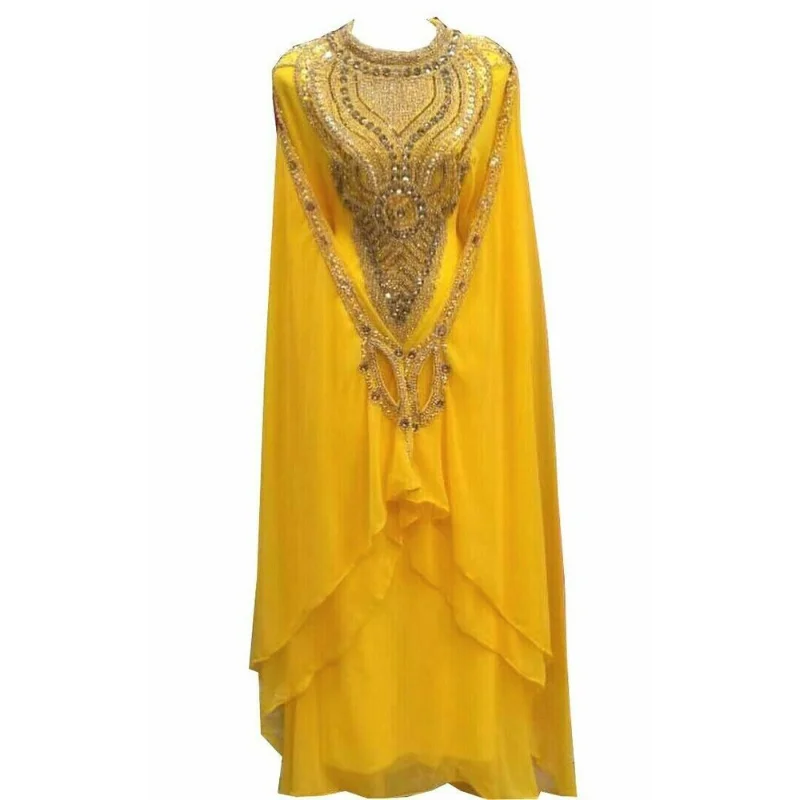 Yellow Royal Dubai Moroccan Robe Farasha Maxi Abaya Party Dress Modern Arabic Dress