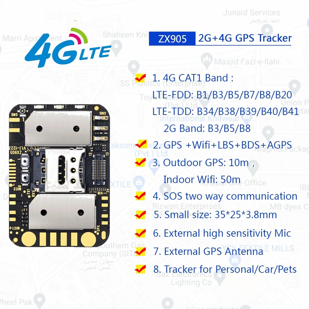 Mini ZX905 2G + 4G GPS Tracker Chip LTE CAT-1 Tracking PCBA Module Board Anti-Lost WIFI Beidou Satellite For Kids Pets Cat Dog