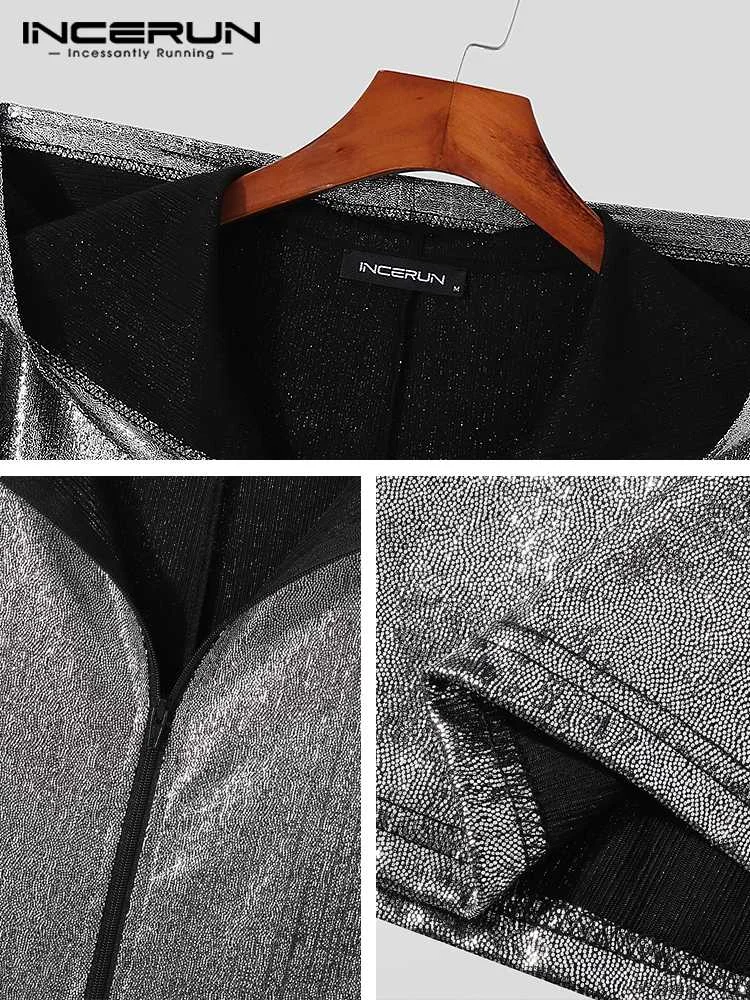 INCERUN 2022 Casual Party Wear Style New Men Jumpsuit Fashion Hot Sale Male Zip Mesh Three Quarter Sleeve Shine Bodysuits S-5XL