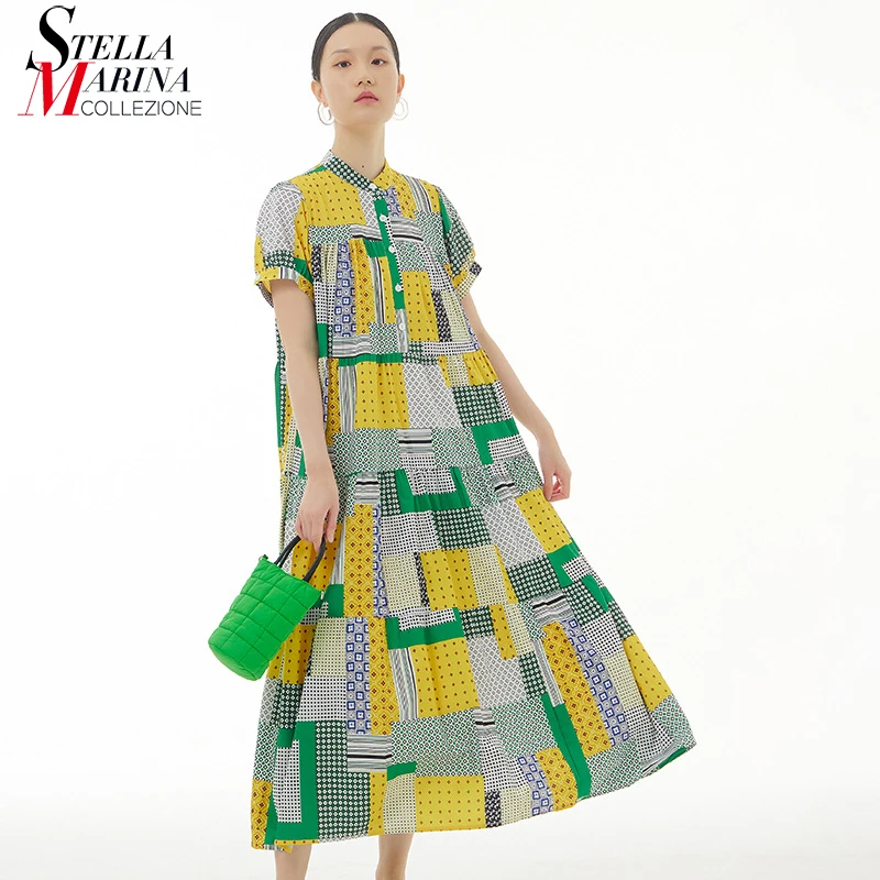 

Geometrical Printed New 2022 Summer Casual Wear Long Shirt Dress Yellow Blue Big Size Large Dress Korean Style Robe Femme apr71