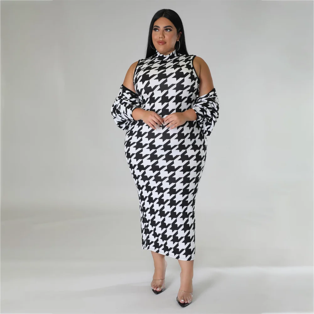 Autumn New Plus Size Women's Houndstooth Dress Two-piece Women's Fashion Suit Women's Retro Romantic Long Skirt Women's Clothing