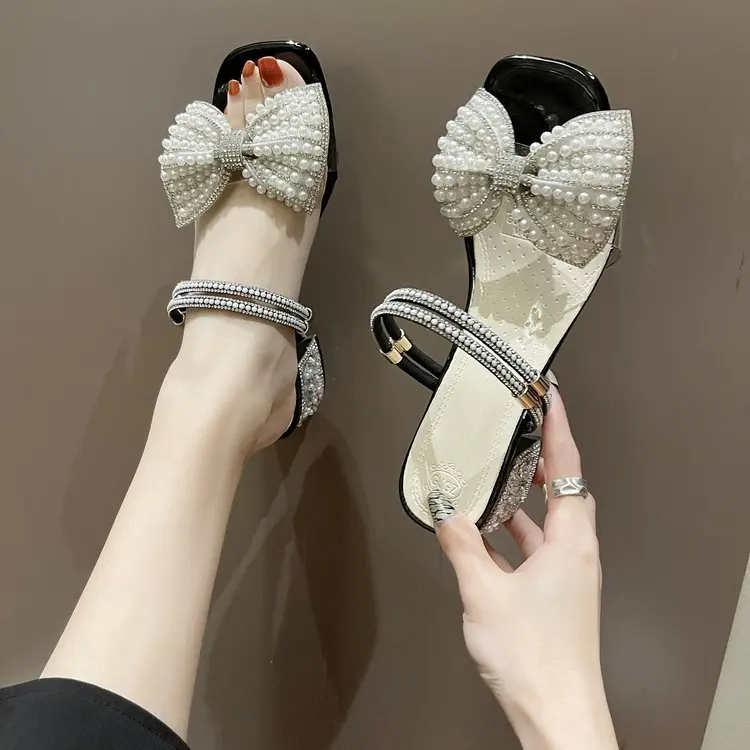 

Женские босоножки на квадратном каблуке, однотонные Босоножки с открытым носком, на высоком устойчивом каблуке, Украшенные бусинами, в Коре...