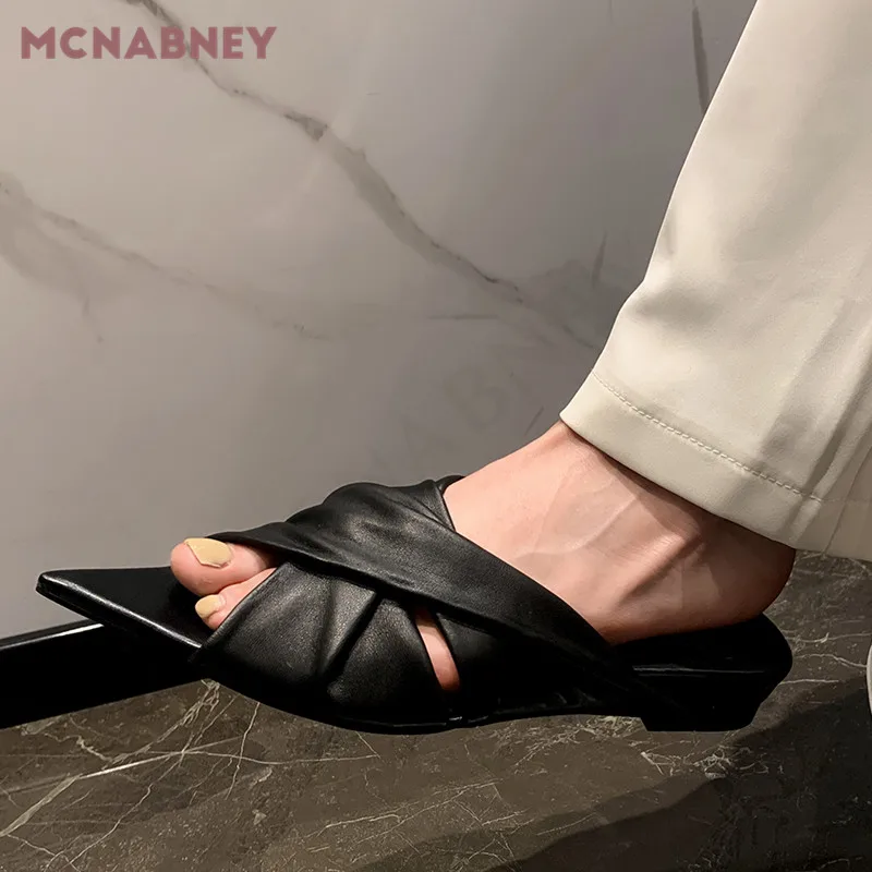 Folded Cross Open-Toed Slippers Summer New French Design Pointy Muller Slippers Casual Fashion Home Wear Flat Slippers