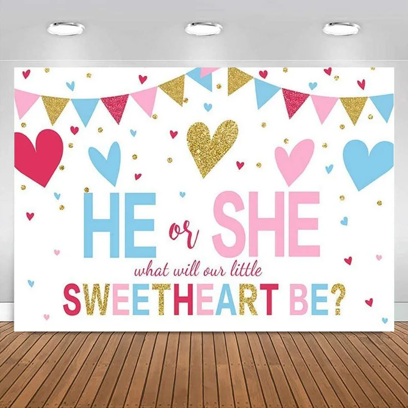 

Gender Reveal Baby Shower Background He or She Blue or Pink gold Love Hearts Party Decoration Backdrops Banner for Photography