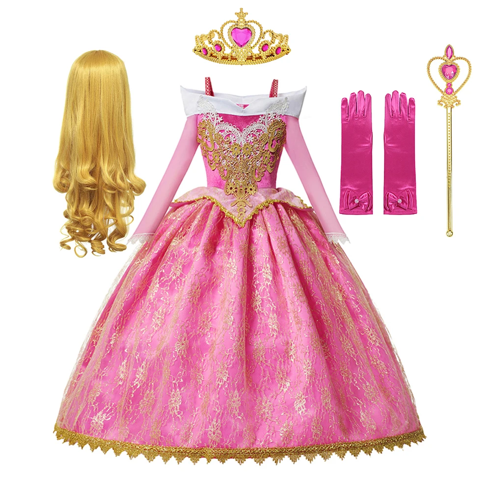 Disney Girl Princess Aurora Costume Dress for Kids Sleep Beauty Luxury Applique Ball Gown Fancy Carnival Birthday Halloween Dres