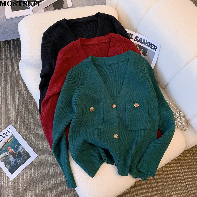 

Женский винтажный свитер с V-образным вырезом, однотонный свободный элегантный кардиган, топы с длинным рукавом, однобортный вязаный жакет, осень 2022