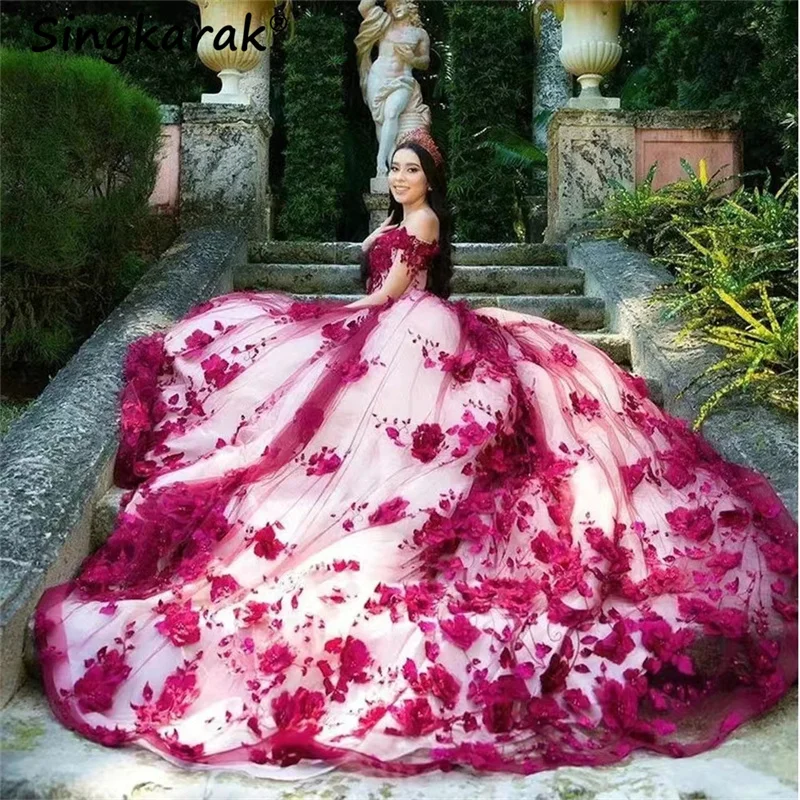 

Luxury Princess Quinceanera Dresses Off Shoulder 3D Flowers Applique Beaded Pearl Ball Gown Crystals Birthday Prom Party Vestido