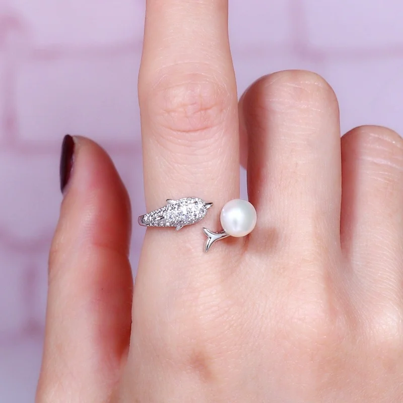 

Korean Style Creative Freshwater Pearl Zircon Dolphin Ring Female Trend Open-End Personality Ring Ins Jewelry