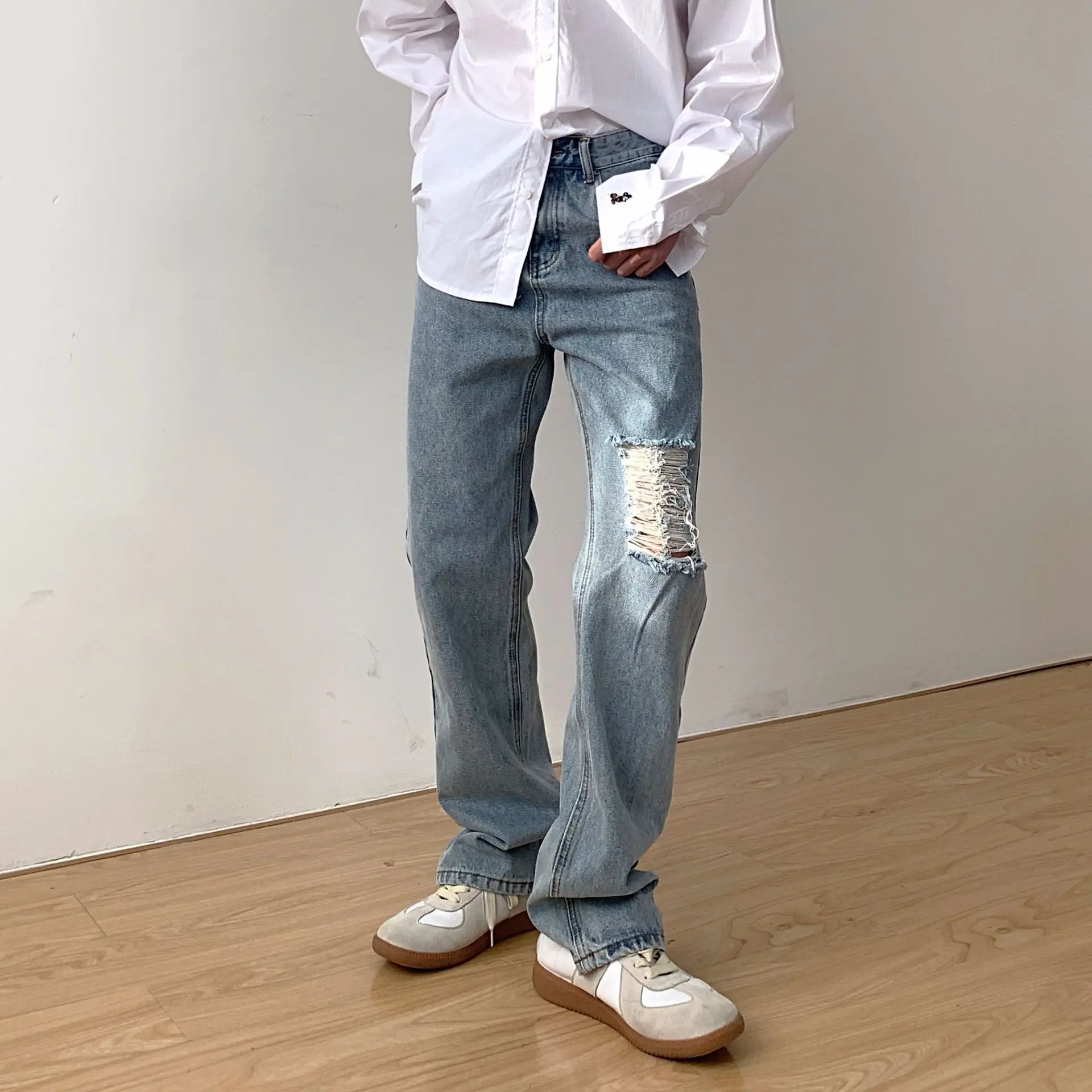 Washed and Old Ripped Solid Color Men's Jeans Y2k Pants Men's Trend Light-colored Loose Straight Mopping Trousers Men Clothing