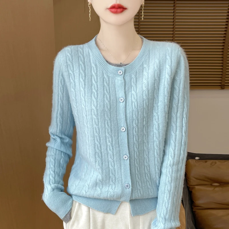 Женский кардиган с круглым вырезом шерстяной свитер однотонный вязаный