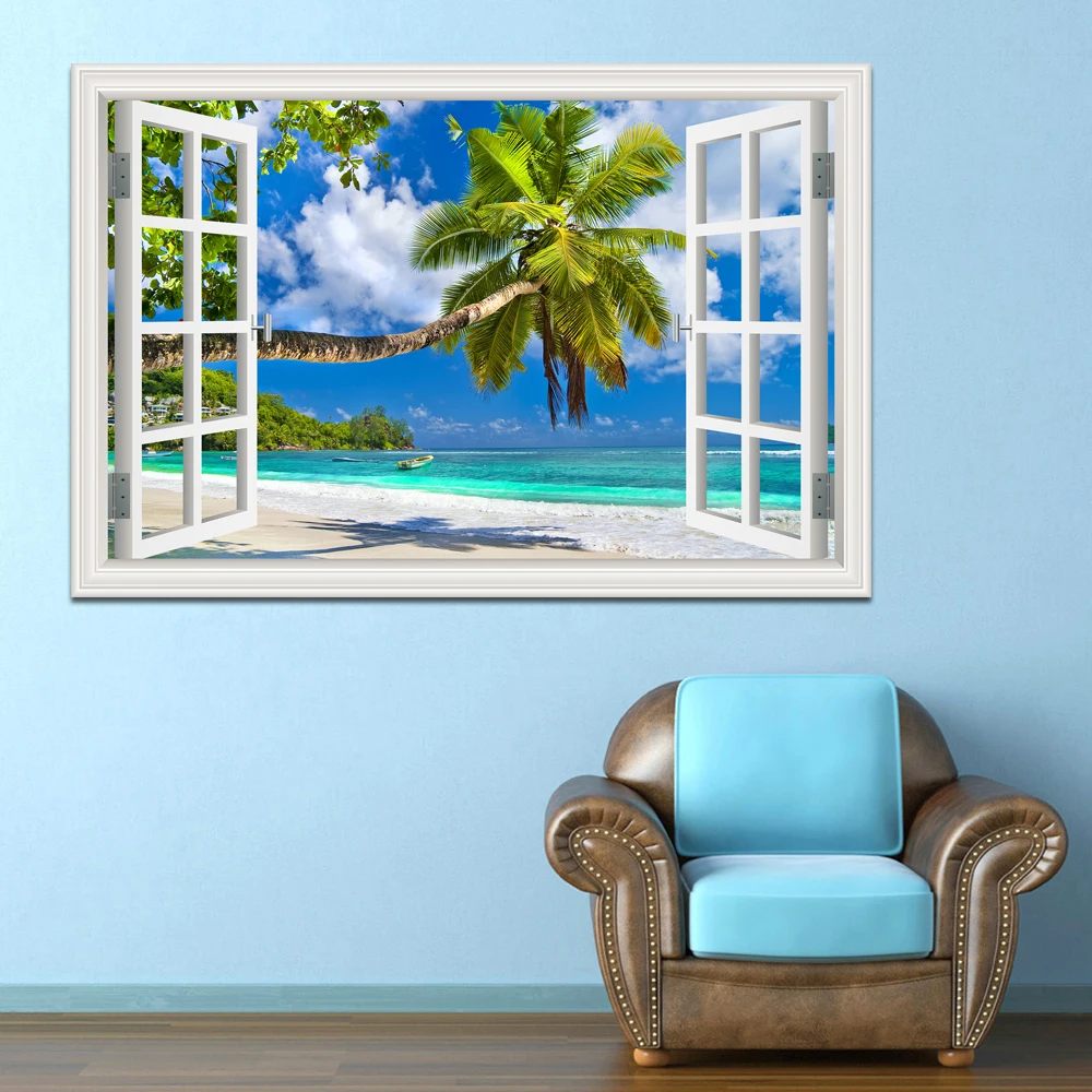 

3D Window View Wall Sticker Beach Summer Beach Coconut Tree Wall Murals Removable Poster For Living Room Kitchen Sticker