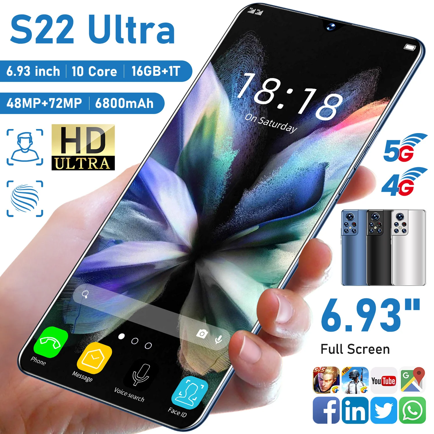 Smartphone s22 ultra 6.93 Inch qualcomm 888 16g 1t 6800mah android 12 cellphone 4g 5g global version smart cell phone mobile