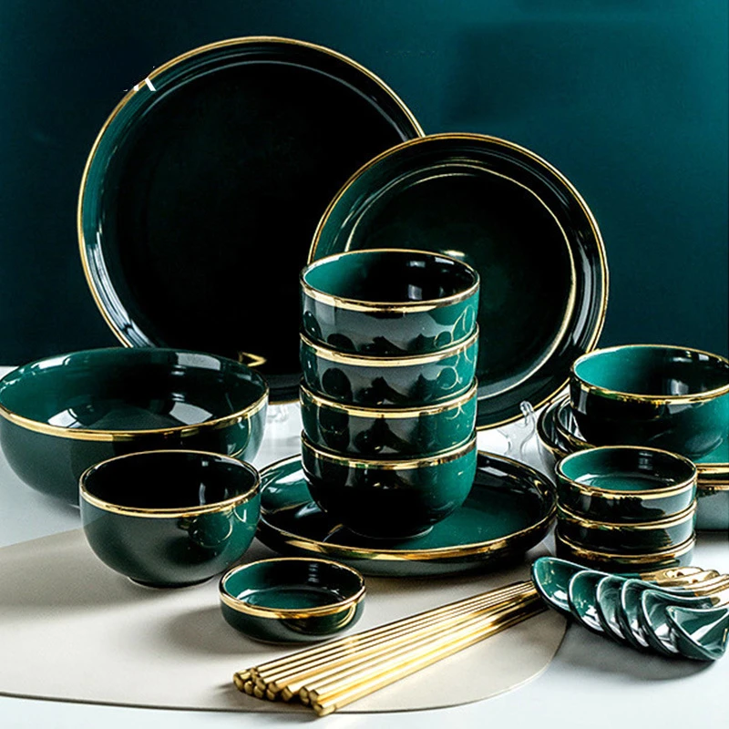 

Light Luxury Gold Edge Ceramic Plate Household Steak Pasta Diner Plate Fish Dishes Dessert Bowl Kitchen Decor Tableware Sets