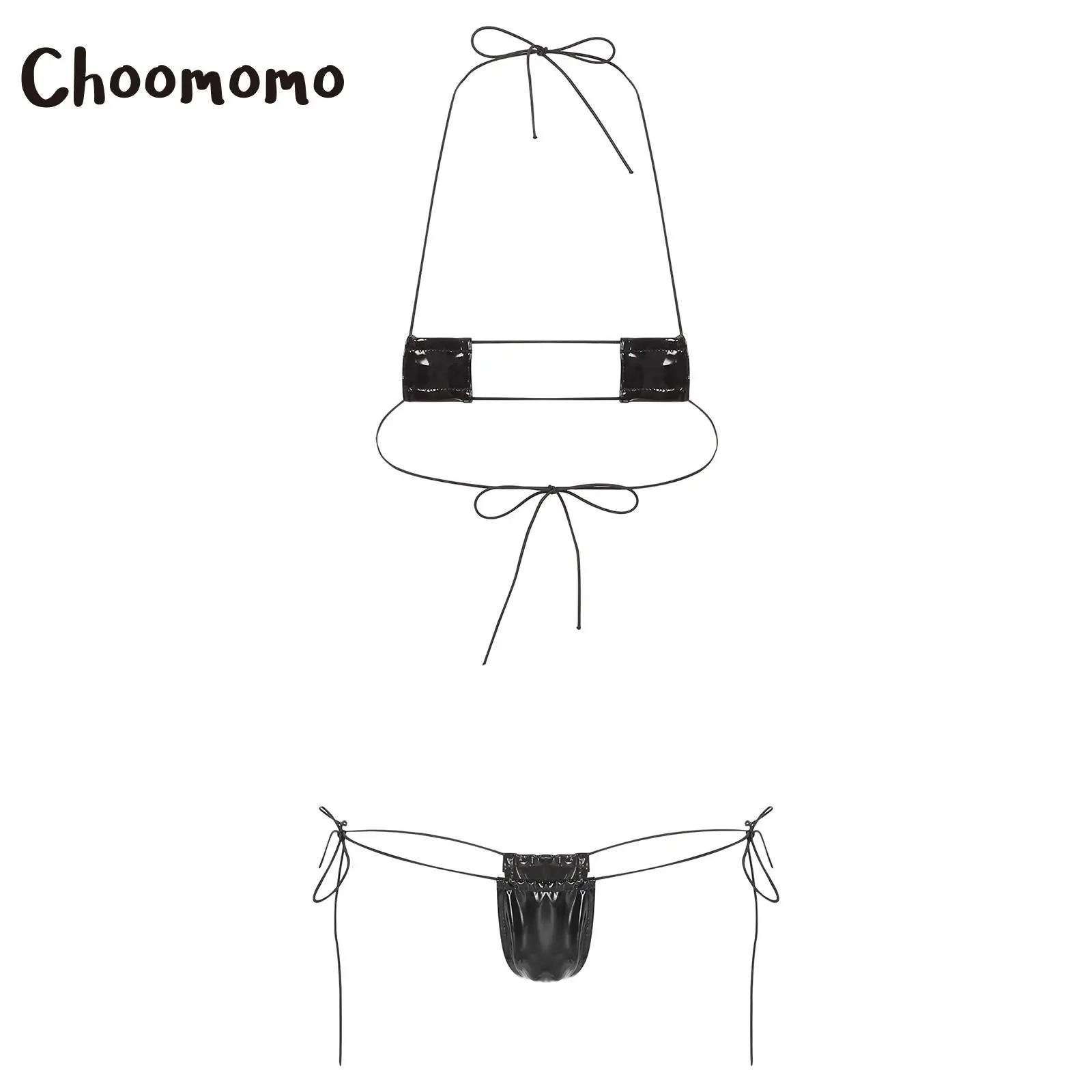Фото Womens Micro Bikini Halter Neck Triangle Bra with Mini Tie Side Panty 2 Piece Swimsuit Extreme Swimwear Lingerie Set Clubwear №1