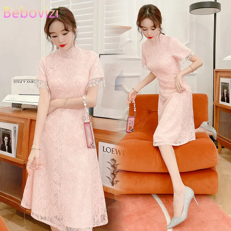 

New Summer Retro Elegant Short Sleeve Qipao Midi Dress Chinese Traditional Lace Cheongsam Women Clothing Plus Size 5XL