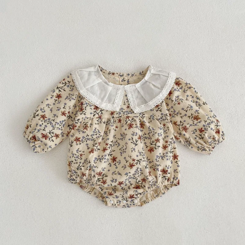 

Spring 2023 Baby Girl Bodysuits Toddler Flower Ruffle Collar Romper Lace Long Sleeve Jumpsuit Triangle Climb Clothes for Newborn