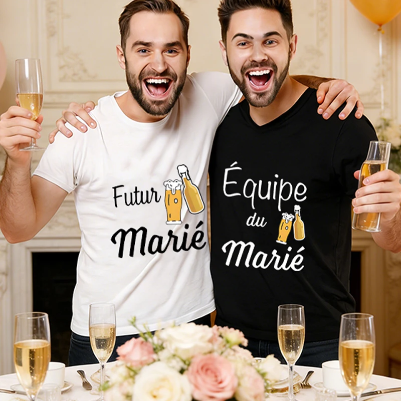 Фото 2026 французские мужские топы для мальчишника: футболки Future Groom & EVG Team, футболки большого размера для свадьбы и одиночного прощания D005 №2