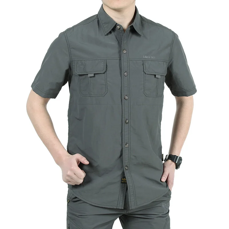 

Summer Men Short Sleeve Army Shirts Quick Dry Turn Down Collar Casual Shirt Outdoor Hiking Camping Fishing Clothing Plus Size