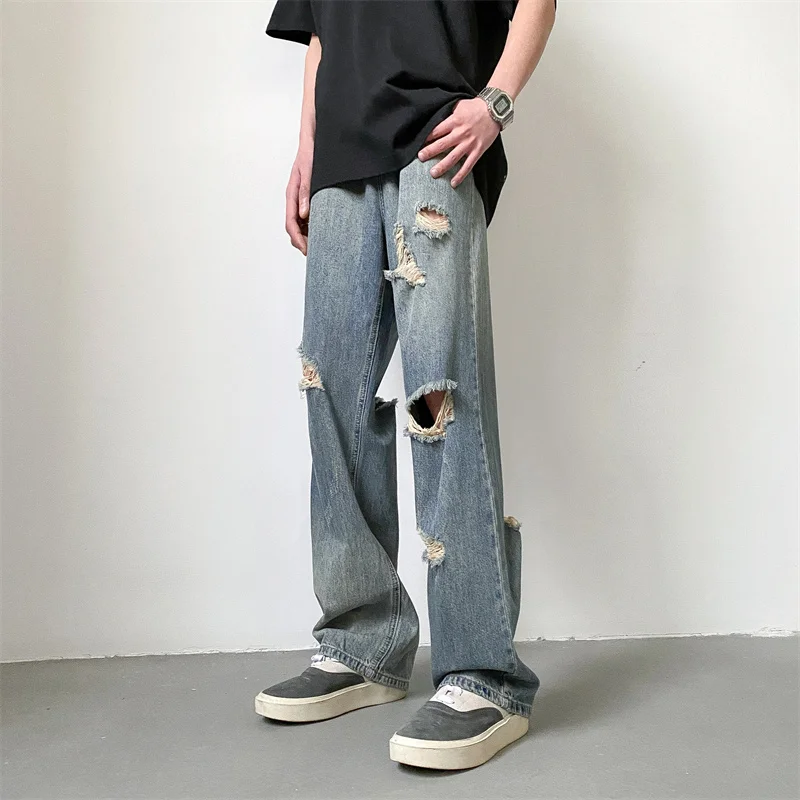 Summer Blue Baggy Jeans Men Fashion Casual Ripped Straight Jeans Men Streetwear Hip Hop Loose HoleDenim Pants Mens Trousers