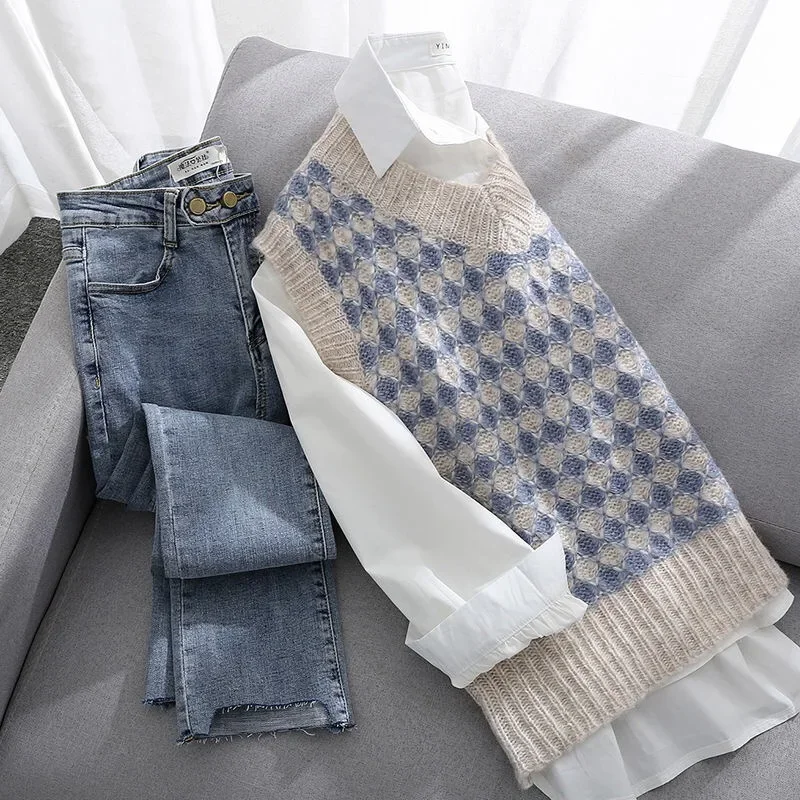 Женский костюм из трех предметов Повседневная рубашка + свитер прямые джинсы в