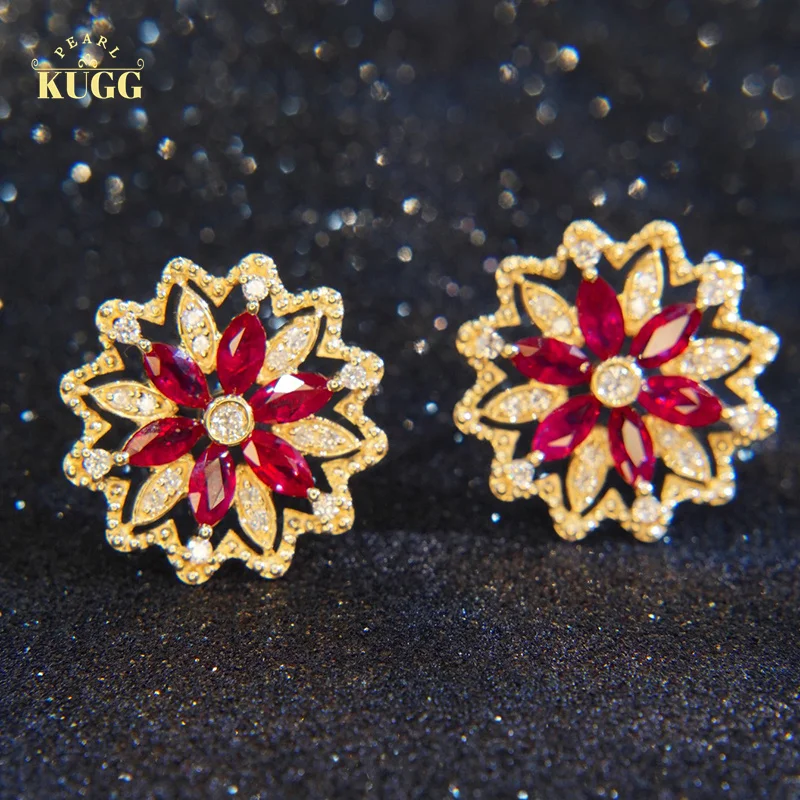 

KUGG 18K Yellow Gold Earrings Natural Ruby Shiny Gemstone Fine Vintage Flower Style Stud Earrings for Women Diamond Jewelry