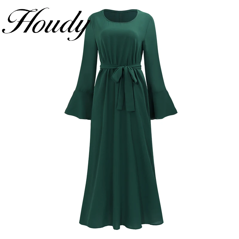Новинка 2022, женское зеленое платье, модное свободное элегантное модное платье средней длины с длинными рукавами и круглым вырезом для девуш...