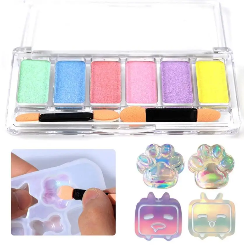 

6 Colors Magic Mirror Aurora Glitter Powder Pigment Dye Holographic Solid Eyeshadow Palette Epoxy Resin Candle Making Nail Art