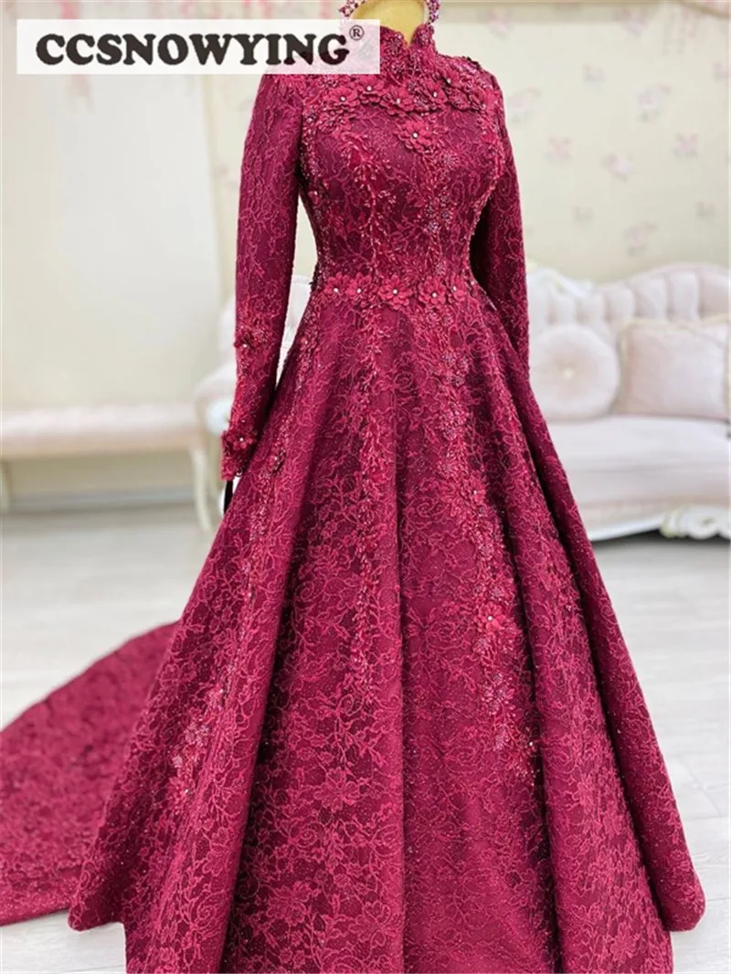 

Luxury Burgundy Long Sleeve Evening Dress Lace Flowers High Neck Muslim Formal Party Gown Arabic Dubai Islamic Robe De Soiree