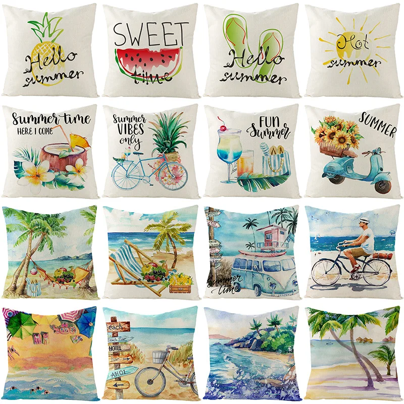 Summer Beach Style Throw Pillowcase Blue Cushion Cover Coconut Watermelon Print Linen Pillow Covers Home Decor Pillowslip