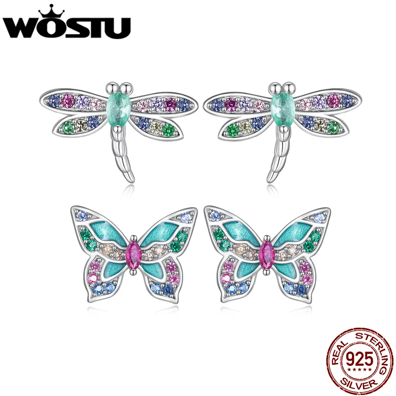 

WOSTU 925 Sterling Silver Rainbow CZ Dragonfly Butterfly Stud Earrings Cute Insect Ear Studs Girls Daughter Birthday Party Gift