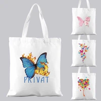 fashion basic shopping bag student handbag reusable casual shoulder commuter butterfly pattern canvas print travel grocery bag