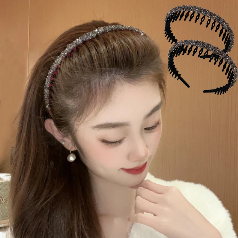 

Fashion Rhinestone Flocking Bezel Hair Hoops for Women Ladies Solid Color Toothed Non-Slip Headband Hair Band Hair Accessories