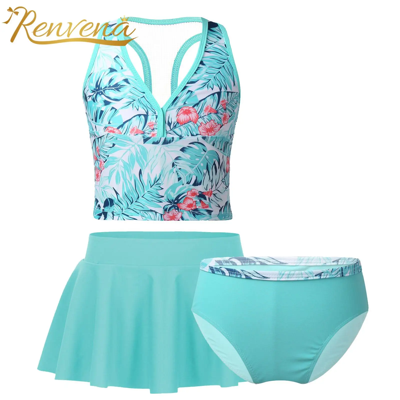 

Детский купальник-танкини Renvena, купальный костюм для девочек-подростков, купальный костюм с укороченным топом с принтом и юбкой, Детский комплект купальников