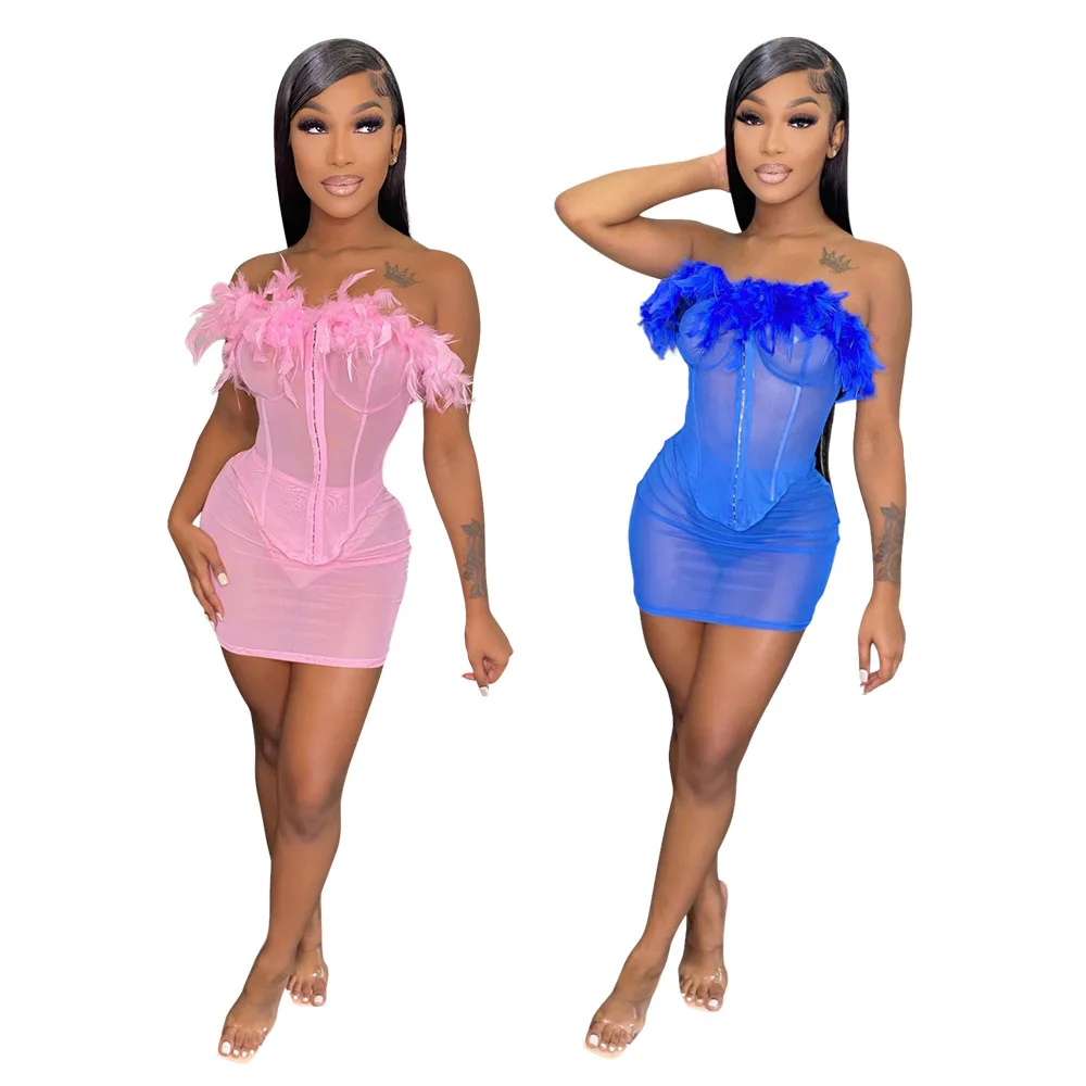 

Sexy Feathers Sheer Mesh Two Piece Set Dress Women Strapless Croset Top Bodycon Mini Skirt Suit Outfit Party Club Matching Sets