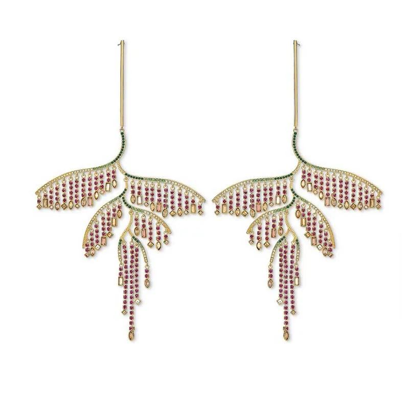 

Brand 1:1 Tropical Elements Multicolor Diamond Leaf Long Exaggerated Tassel Earrings Elegant and Exquisite Lady Silver Jewelry